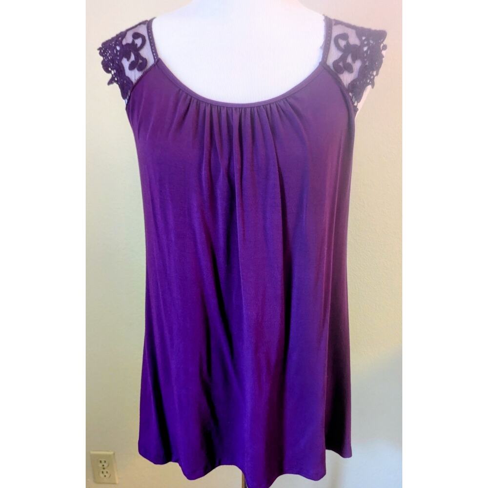 Purple Lace Mesh Yoke Blouse Top Size M Sheer Embroidered Cap Sleeve Dressy